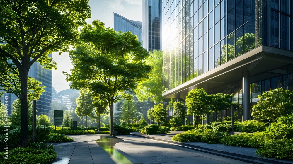 Obraz premium Modern Skyscraper with Lush Green Landscaping