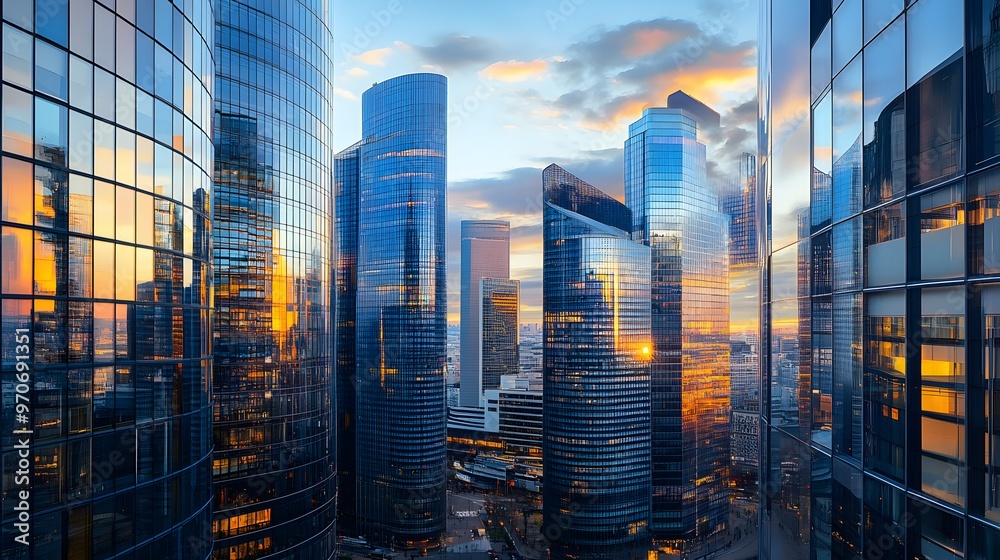 Obraz premium Modern Glass Skyscrapers Reflecting Sunset in Cityscape