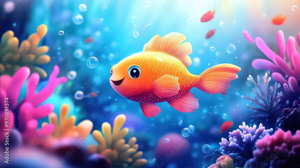 Happy goldfish swimming in vibrant coral reef, surrounded by colorful bubbles and sea life. Represents joy, underwater beauty, and harmony in nature. Happy goldfish swimming in vibrant coral reef, surrounded by colorful bubbles and sea life. Represents joy, underwater beauty, and harmony in nature.