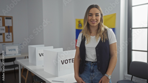 A beautiful young blonde woman stands confidently in a venezuelan electoral college room with a voting setup, showcasing an indoor voting environment with a venezuelan flag in the background.