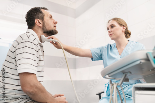 Female doctor doing thyroid ultrasound to patient bearded man 40 years old. Routine examination, health checkup
hyperthyroidism, hypothyroidism, autoimmune thyroiditis (AIT), goiter and nodules photo