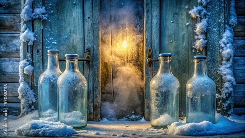 frosted glass bottles frozen in misty blue winter wonderland against rustic wooden door exuding mystical frozen elegance photo