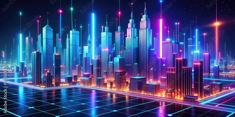 Obraz premium Abstract vector patterns of e-commerce data and analytics visualized in a stunning futuristic 3D cityscape with glowing neon lines at night.
