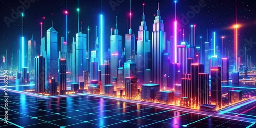 Abstract vector patterns of e-commerce data and analytics visualized in a stunning futuristic 3D cityscape with glowing neon lines at night.