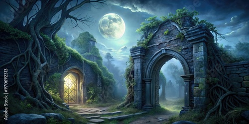 mystical eerie foggy misty moonlit night vine tendrils curly twisted gnarled ancient stone ruins crumbling archways secretive hidden doors photo