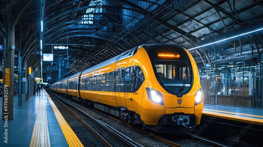 Naklejka premium Vibrant Yellow Train at a Polished Station Platform Under Bright, Shining Lights