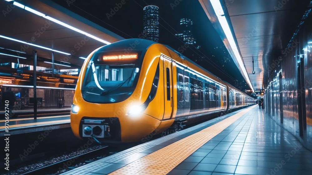 Obraz premium Vibrant Yellow Train at a Polished Station Platform Under Bright, Shining Lights