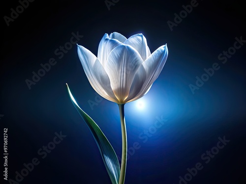 Crystal-like white tulip silhouetted against a gradient blue-black background echoing the infinite and cosmic in stunning contrast and abstraction photo