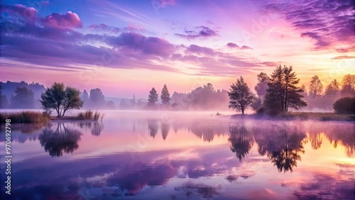 Surreal dawn breaking over misty lake tendrils swirled with digital vector patterns in soft lavender hues conveying mystical serenity