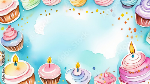 Watercolor illustration of colorful cupcakes with candles on a watercolor background with space for text