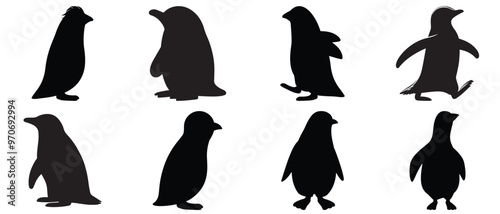 A group of penguins silhouette vector set. silhouette penguin different pose walking and skating,