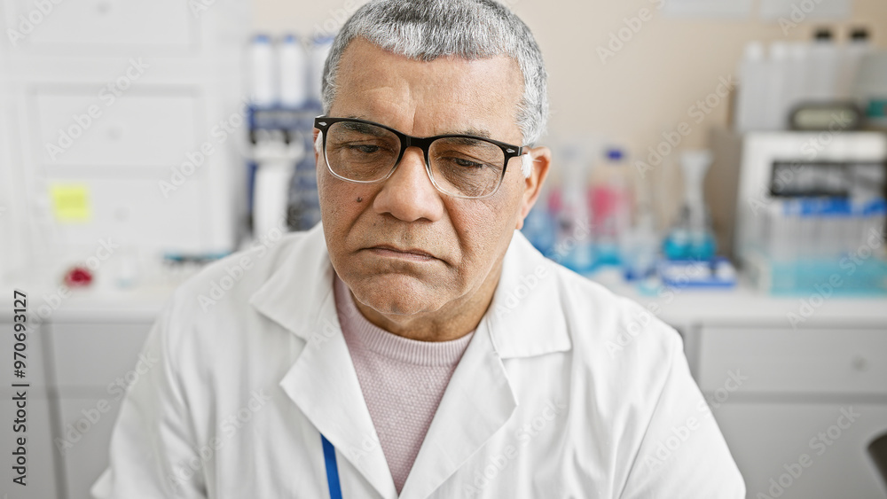 Serious middle-aged man in glasses, dressed in a lab coat, poses in a laboratory setting with equipment in the background. Serious middle-aged man in glasses, dressed in a lab coat, poses in a laboratory setting with equipment in the background.