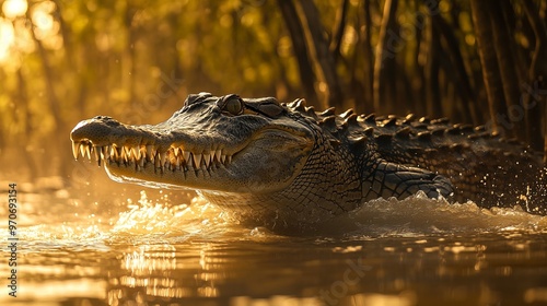 Aggressive crocodile swimming in swampy waters under warm sunlight