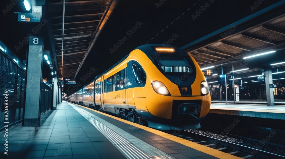 Fototapeta premium Vibrant Yellow Train at a Polished Station Platform Under Bright, Shining Lights