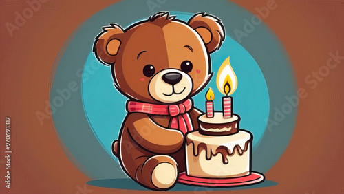 Happy birthday card for boys featuring toy bear and cake with candles in brown tones