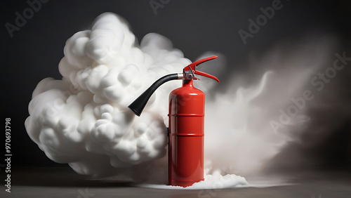 Red fire extinguisher, white foam on black background