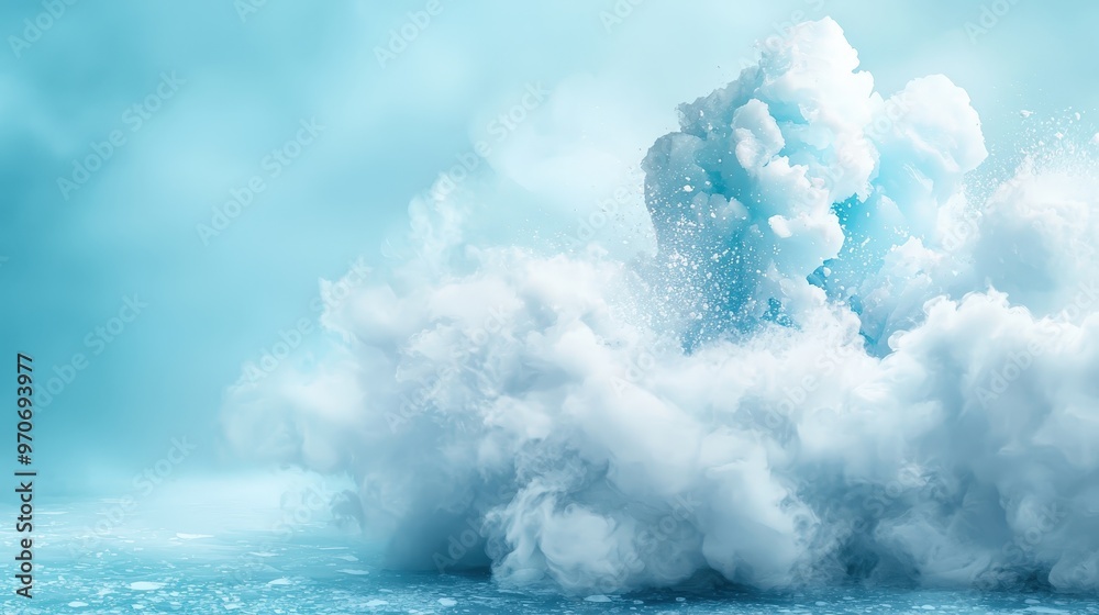 A glacier calving, with chunks of ice falling into the sea