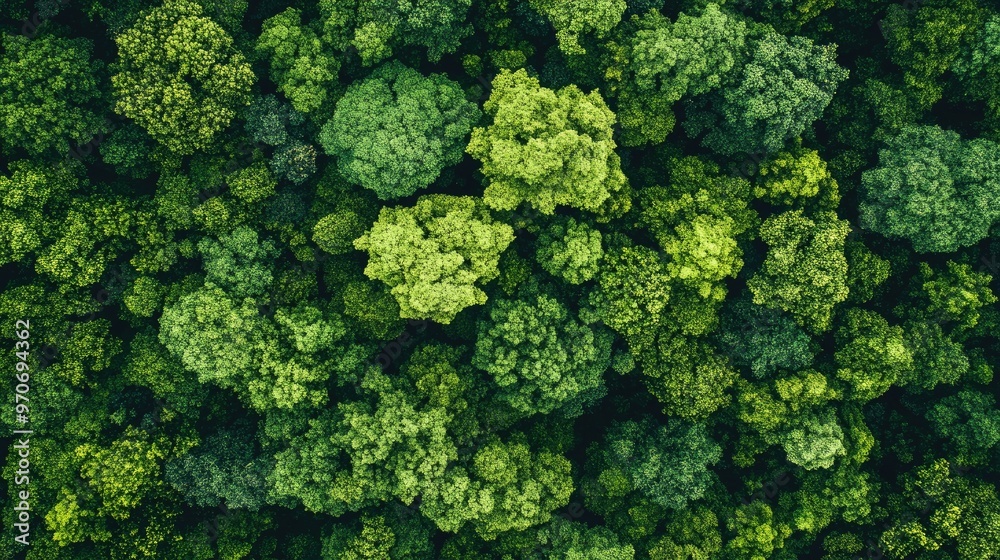 Naklejka premium Lush green forest canopy viewed from above, representing natural sustainability and conservation. Copy space.