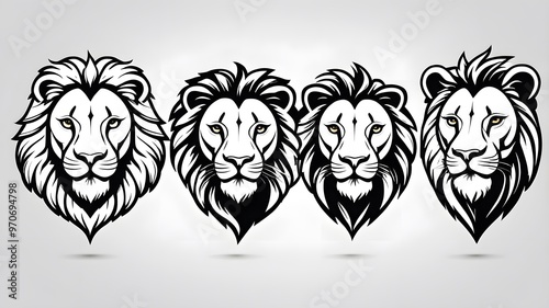 Stylized Lion Face Logos set - Black and White Vector Illustrations