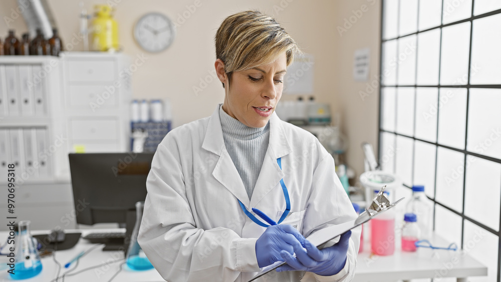 Hispanic woman scientist writing on clipboard in laboratory with beakers and computer Hispanic woman scientist writing on clipboard in laboratory with beakers and computer