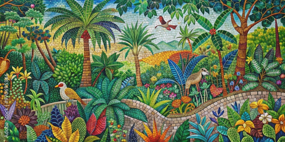 Fototapeta Colorful mosaic of jungle scenery with vibrant hues and intricate detailing, vivid, color, jungle, mosaic, vibrant, hues