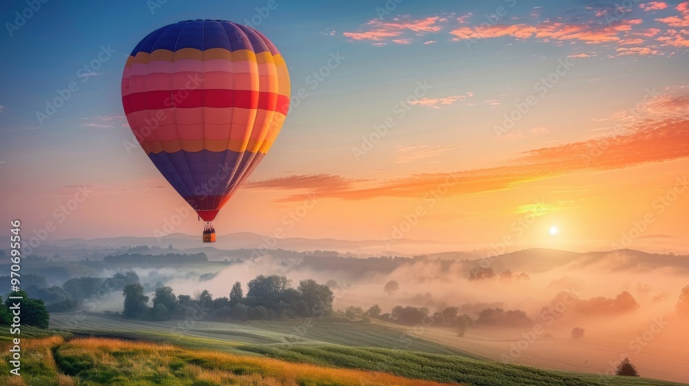 Fototapeta premium Colourful hot air balloon floating over distant fields and meadows covered with fog on sunny sunrise