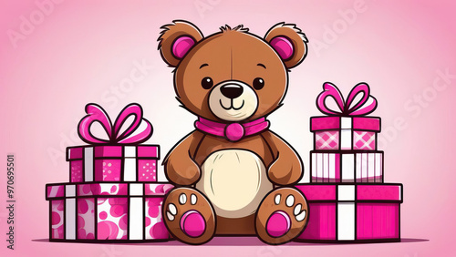 Illustration of teddy bear and birthday gifts on a pink background for girl's greeting card