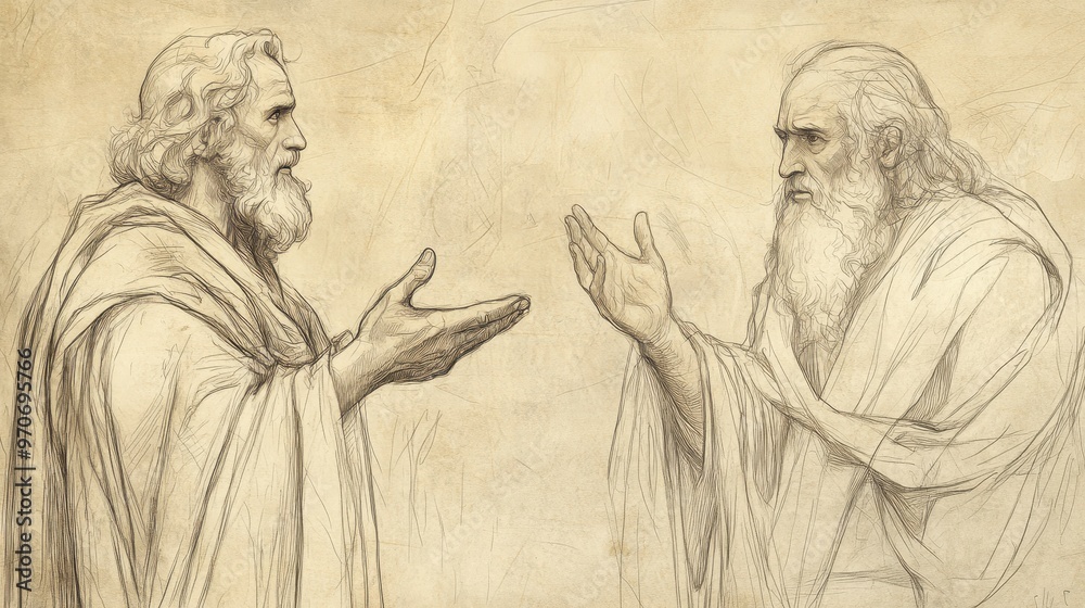 Fototapeta premium Biblical Illustration of 2 Kings: Elijah Prophesying Disaster for Jehoram’s House Due to His Sins, Bible Wall Art with Beige Background for Spiritual Warning