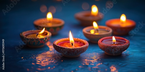 Colorful Oil Lamps Lit on Blue Background for Diwali