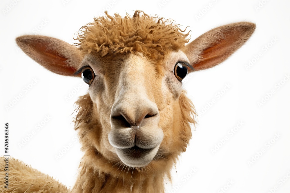 Fototapeta premium A close-up of a friendly, curly-wool sheep with a gentle expression against a plain background