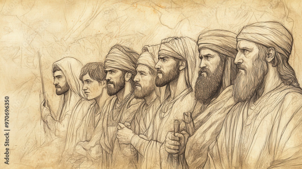 Fototapeta premium 2 Kings Biblical Illustration: Judah’s Distress Under Ahaz’s Reign of Idolatry and Assyrian Subjugation, Bible Wall Art on Division and Distress, Beige Background