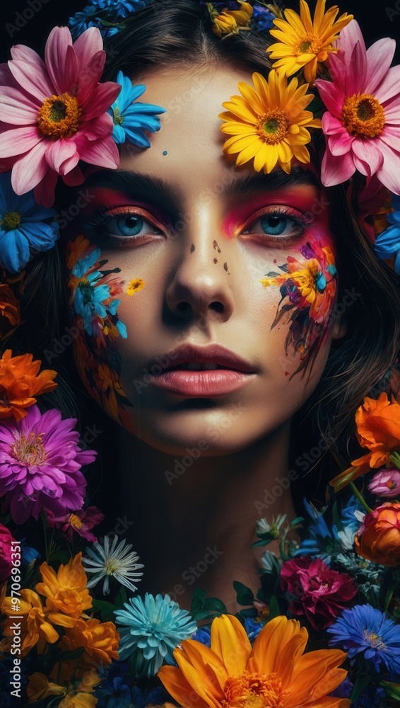 A woman with a flower crown on her head is surrounded by a field of flowers A woman with a flower crown on her head is surrounded by a field of flowers