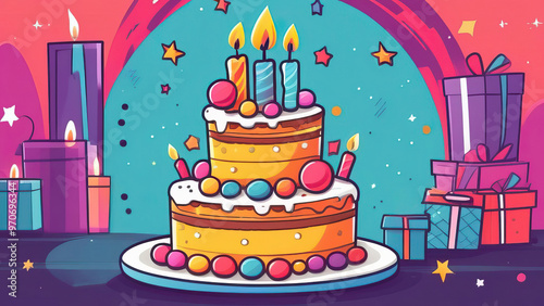 Festive Birthday Card with Cake and Candles Illustration