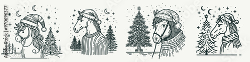 A charming collection of festive horse illustrations adorned with winter hats and surrounded by seasonal elements.