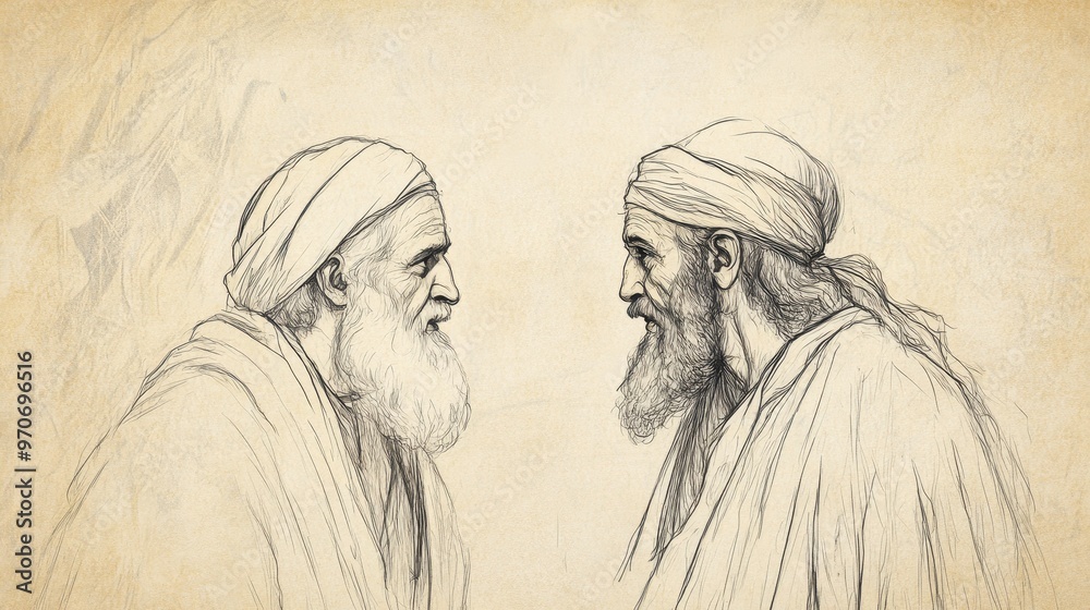 Biblical Illustration of Gehazi Speaking with King Jehoram About Elisha’s Miracles, Bible Wall Art, Beige Background