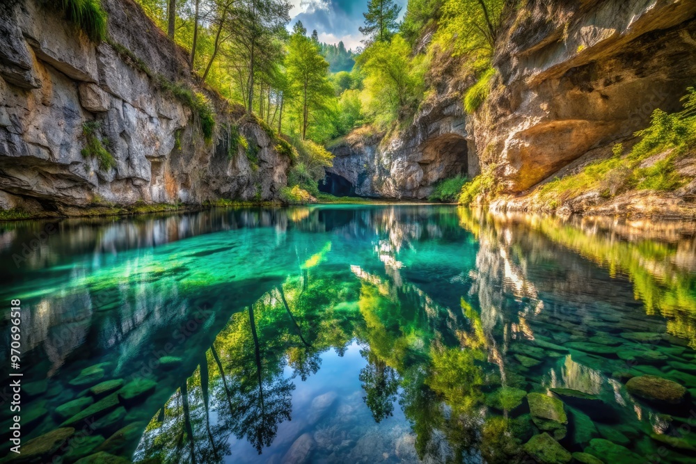 Subterranean lake reflections in serene mirror-like calm Subterranean lake reflections in serene mirror-like calm