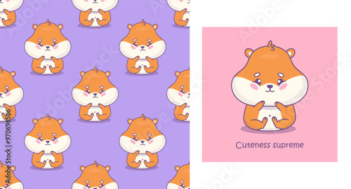 Cute hamster postcard and background. Seamless pattern with funny sitting cartoon rodent kawaii character on purple. Vector illustration. Kids collection