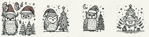 A collection of cute owls in festive hats, surrounded by trees and winter elements, perfect for holiday-themed designs.
