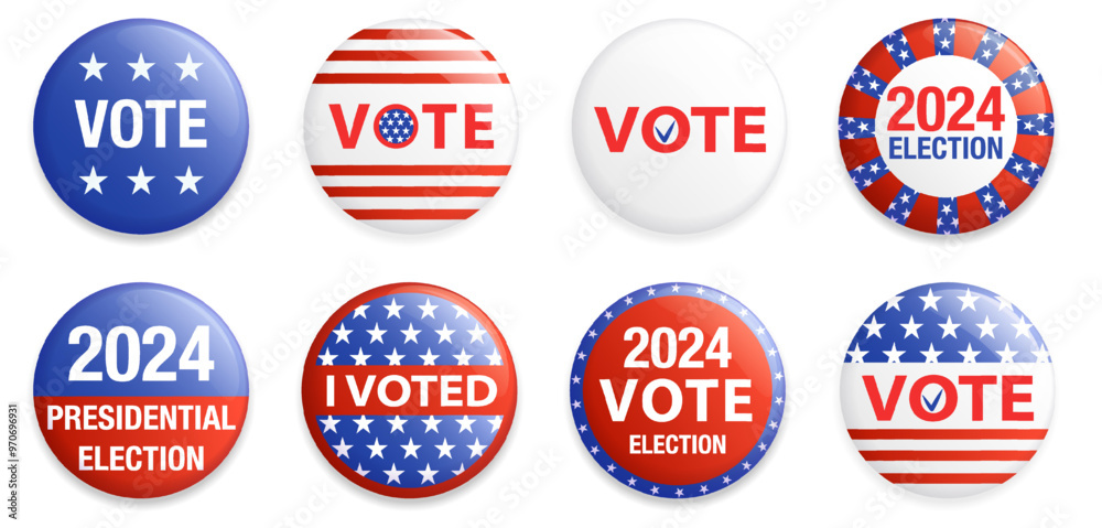 Election campaign USA 2024 badge, pin set isolated on white. Voting concept cartoon elements collection Election campaign USA 2024 badge, pin set isolated on white. Voting concept cartoon elements collection