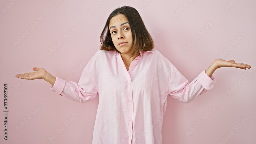 A young hispanic woman in a pink shirt expressing uncertainty against an isolated pink background A young hispanic woman in a pink shirt expressing uncertainty against an isolated pink background