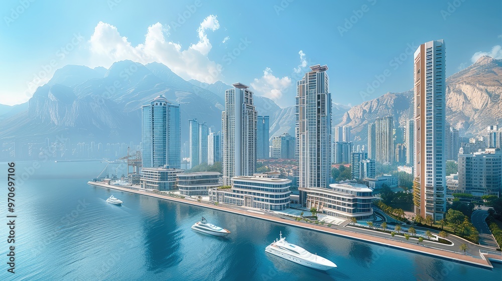 Fototapeta premium Luxury modern clean look hotel buildings from high angle and symmetrical front view. the 5 skyscraper have big harbor for big cruise ships and small piers for yachts. Generative AI.