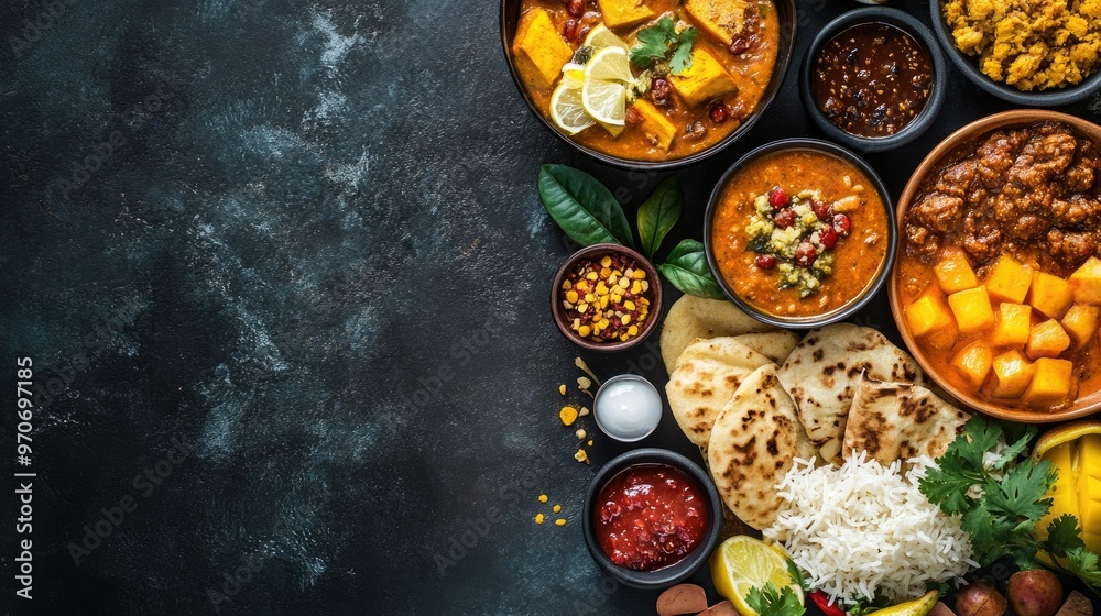 Sri Lankan breakfast with fluffy hoppers, spicy curry, and a side of fresh fruit. Top view with copy space available.