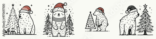 A festive illustration of polar bears wearing Santa hats among Christmas trees, perfect for holiday-themed designs and decorations.