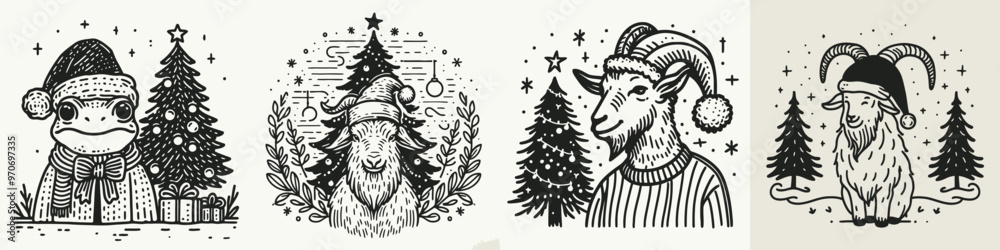 Fototapeta premium A whimsical collection of animal illustrations celebrating the holiday spirit with festive attire and Christmas trees.