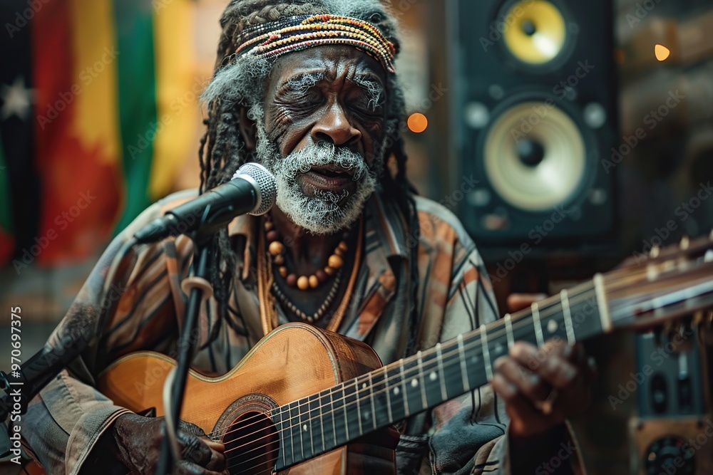 Fototapeta premium Rastafarian Jamaican man singing and playing the guitar and recording a song in a music studio. Ai generative