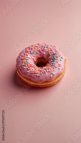 A pink donut with colorful rainbow sprinkles on top on a pink background