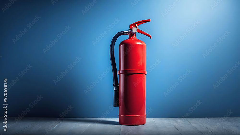 Obraz premium Red fire extinguisher on blue background with soft highlights