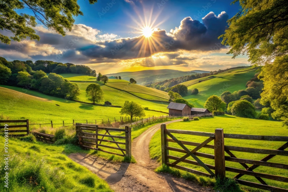 rural farm gate idyllic countryside rolling hills sunny afternoon rural farm gate idyllic countryside rolling hills sunny afternoon