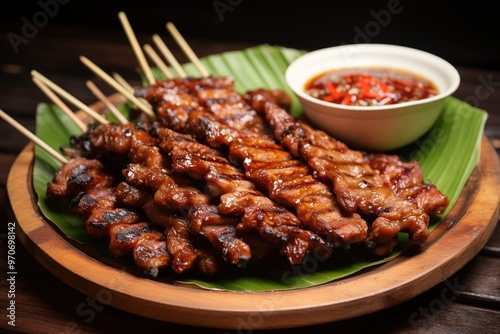 Filipino barbecue, chicken, pork, beef or seafood meat grilled on skewers and served with a dipping sauce. 