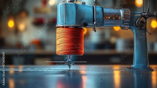 An overlock sewing machine on a white background, highlighting its precise stitching and modern design. The clean white background emphasizes the machine’s details,  photo